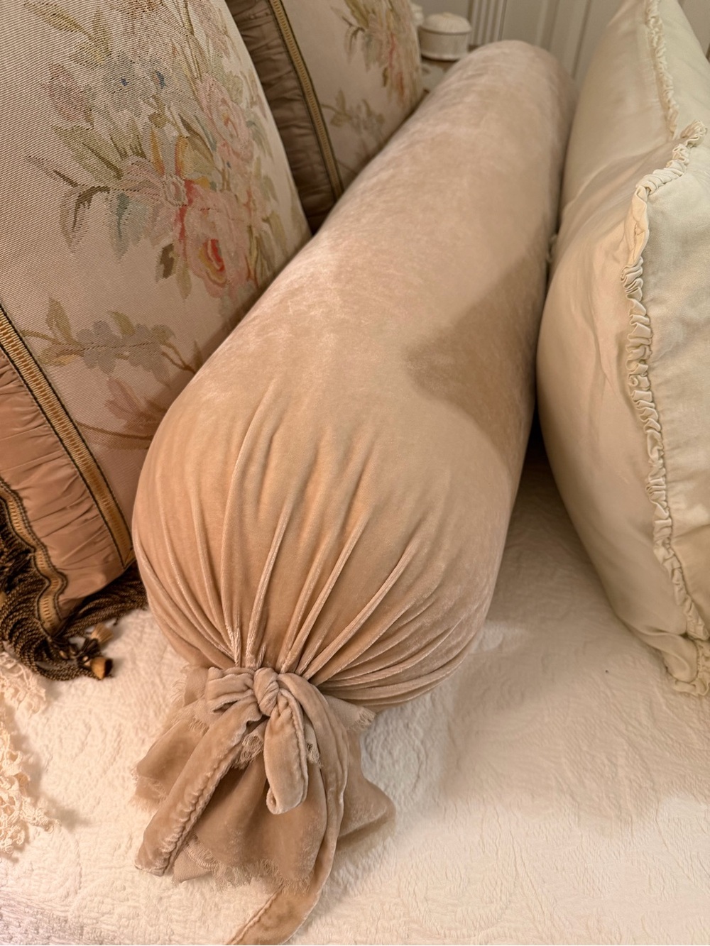 Bella Notte Silk blend Velvet Bolster Pillow in the color “Pearl”